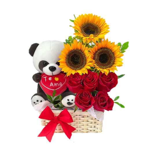 BASE DE 5 ROSAS MAS GIRASOLES Y PELUCHE