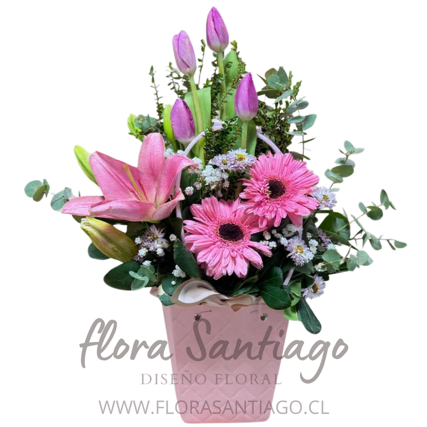 Arreglo de 4 Tulipanes, lirio rosado y 2 gerberas
