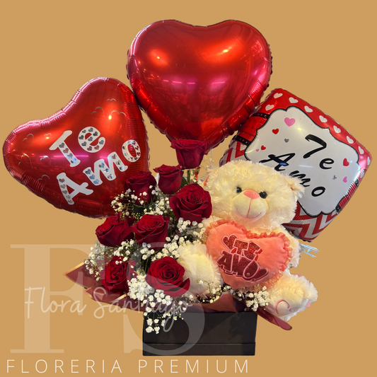 BOX DE ROSAS, OSO DE PELUCHE Y GLOBOS