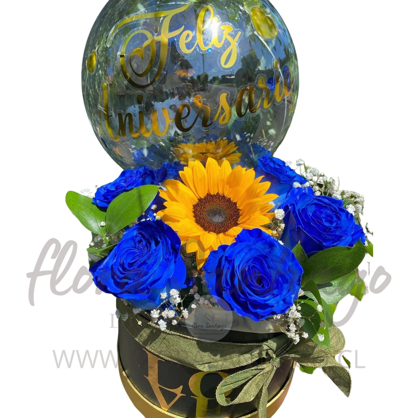 Box de 5 rosas azules y 1 girasol, con globo burbuja, tu elige el motivo