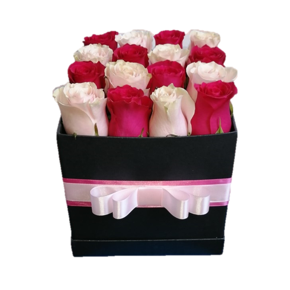 BOX MIX DE 12 ROSAS ROSADO Y FUCSIA