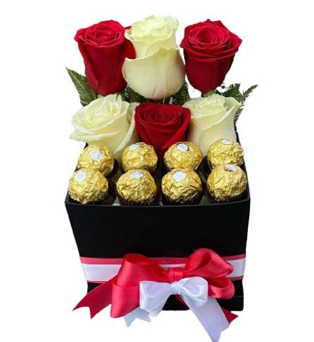 MIX DE 6 ROSAS Y BOMBONES EN BOX ROJO-BLANCO