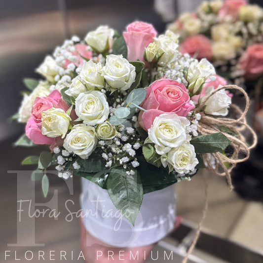 Box de mini rosa blanca y rosas tono pastel