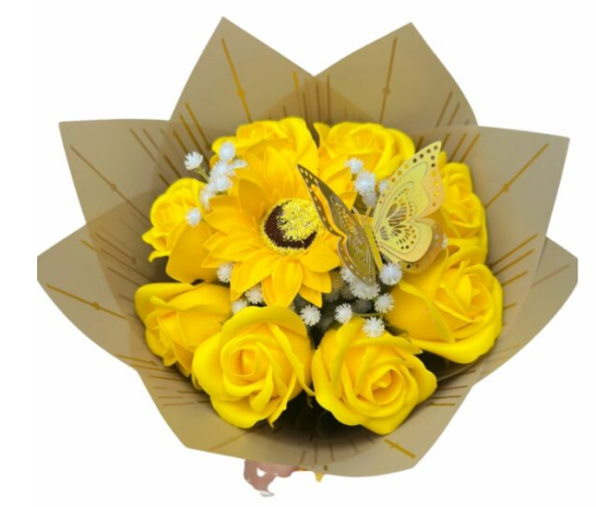 Ramo de Rosas 8 Amarillas Eternas y 1 Girasol