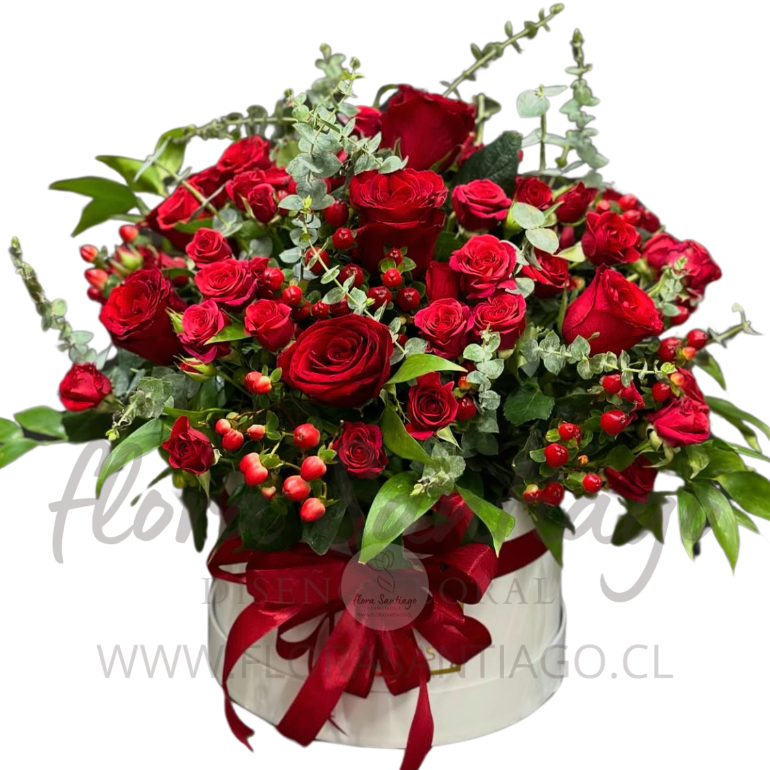 Arreglo en Box con mini Rosa, Hypericum y eucaliptus