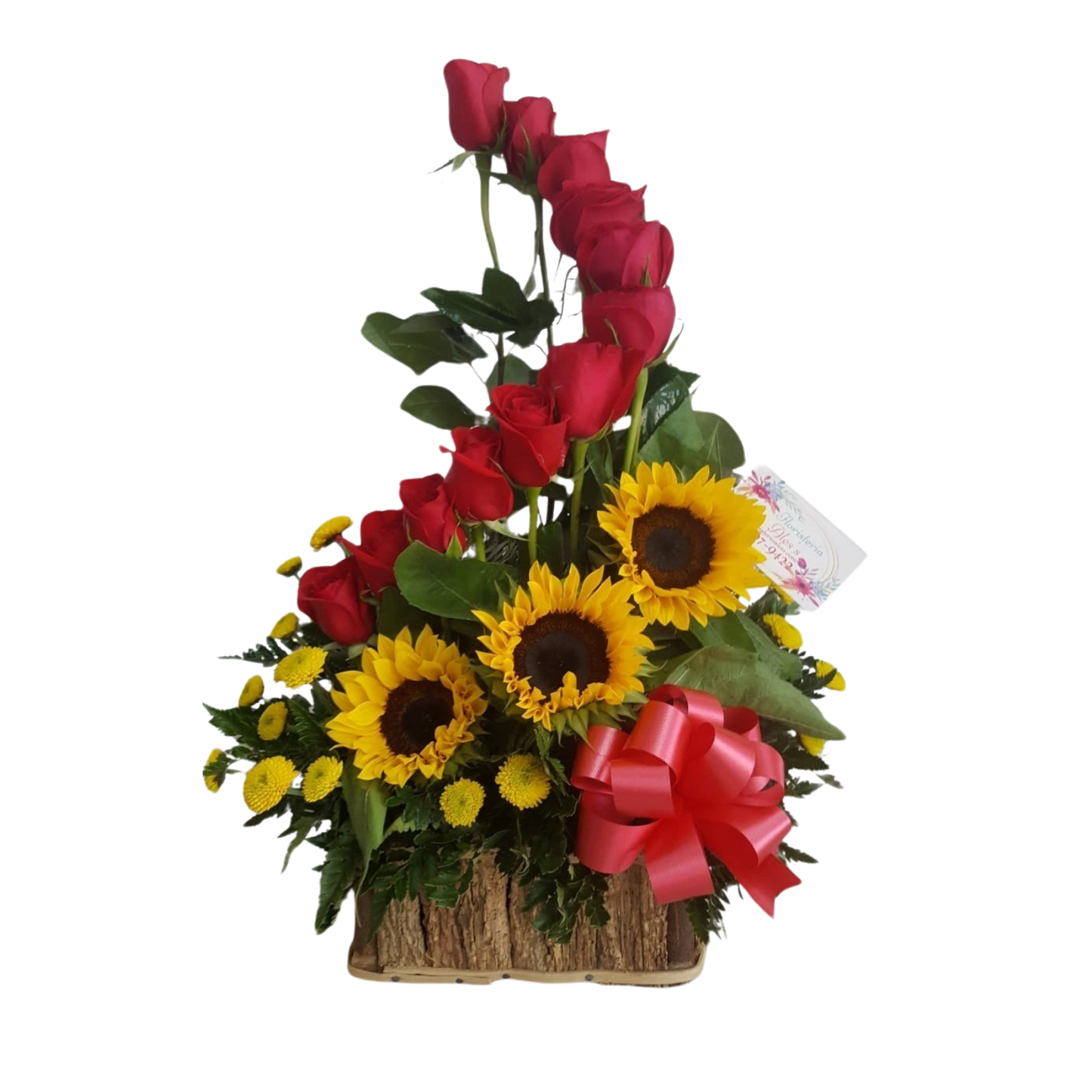 ARREGLO DE 12 ROSAS ROJAS EN ESCALA Y GIRASOLES