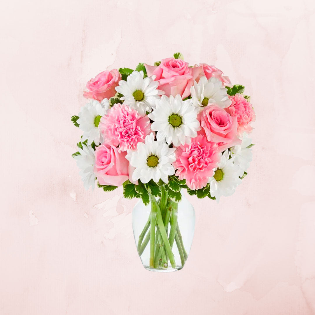 Florero de 6 Rosas Rosadas con margaritas