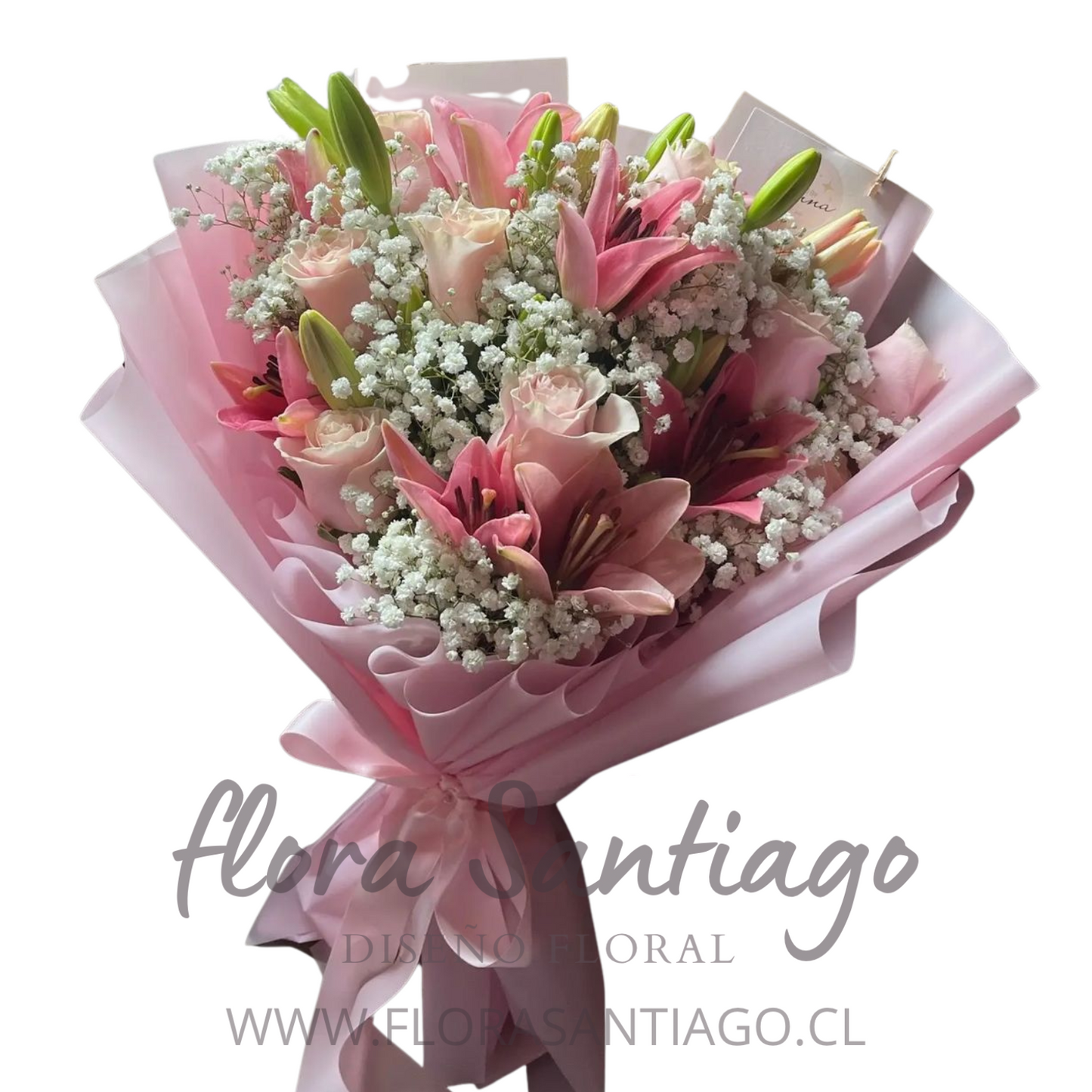 Ramo de 8 rosas rosadas y 5 liliums rosados con ilusión blanca