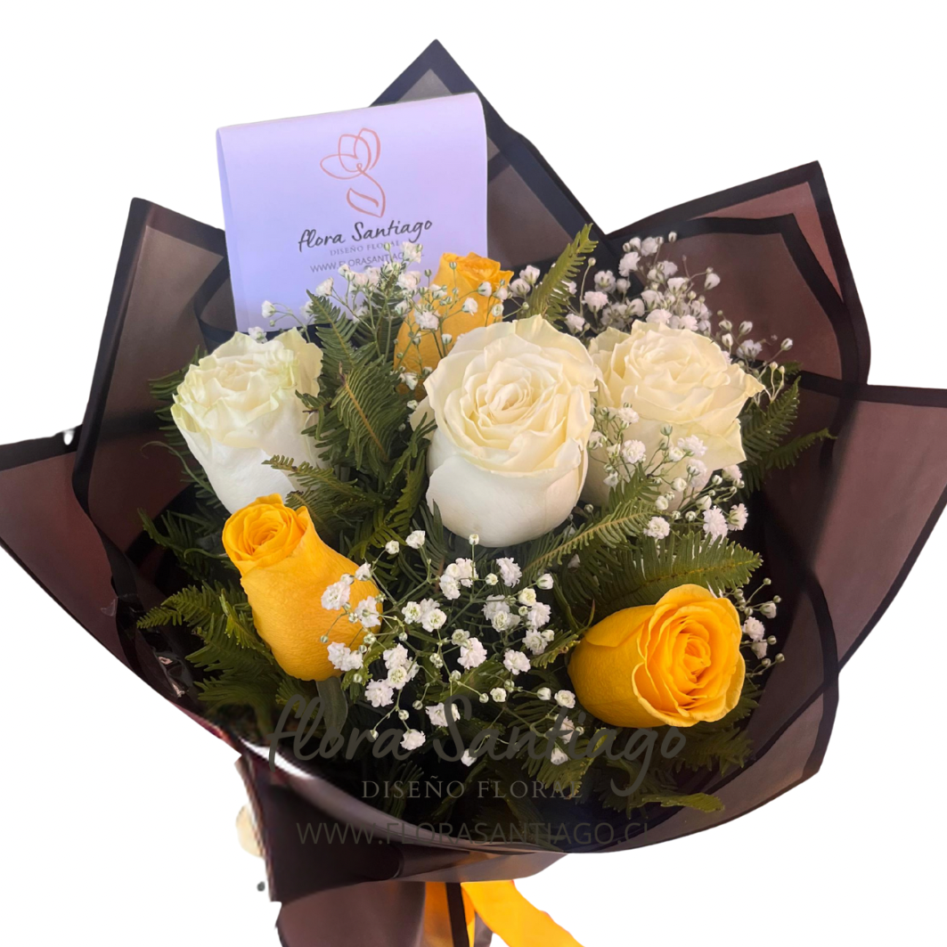 Ramo de 3 rosas blancas y 3 rosas amarillas