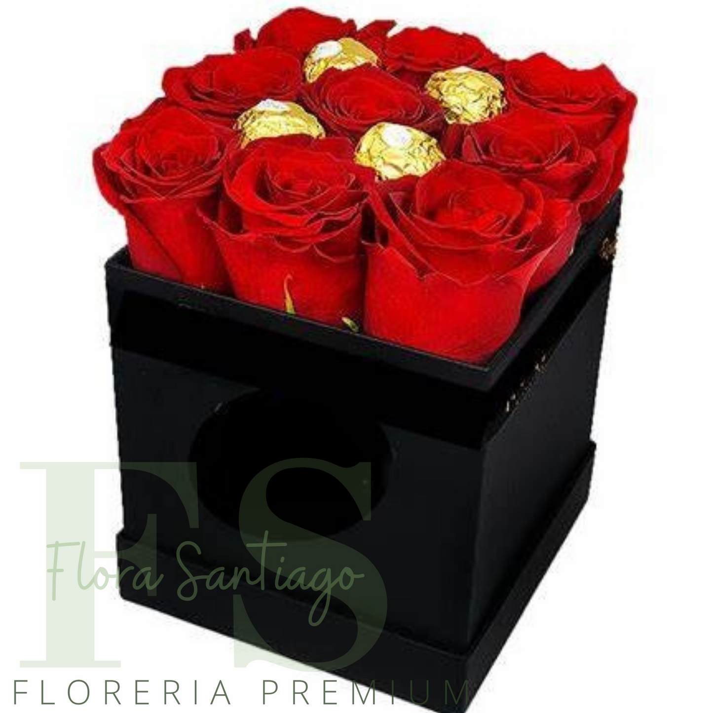 Caja de 9 rosas rojas y 4 bombones ferreros Rocher