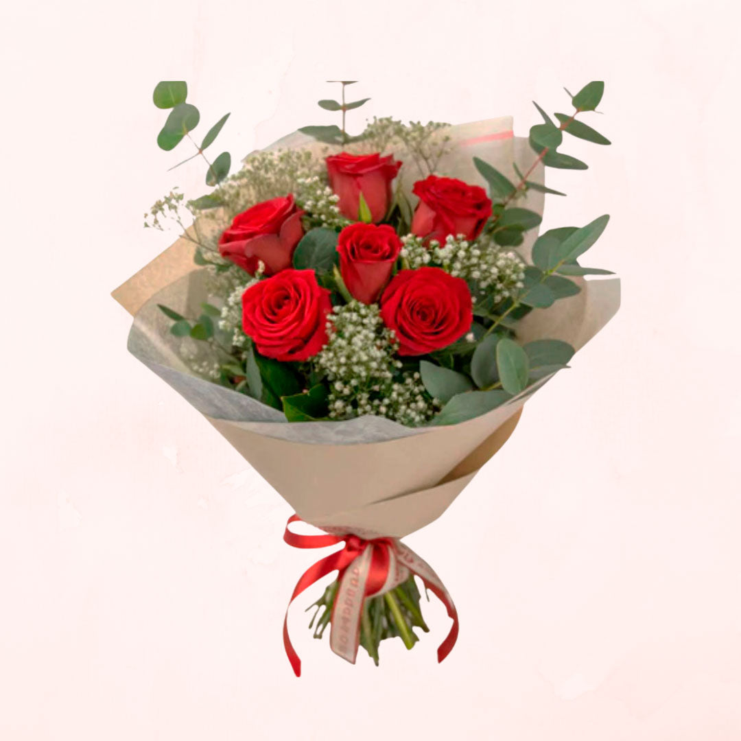 Ramo de 6 Rosas Rojas con Eucalyptus