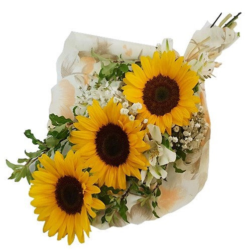 RAMO DE 3 GIRASOLES EN ESCALA CON GYPSOPHILIA