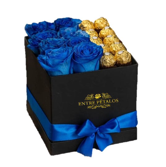 BOX BLUE DE 8 ROSAS Y 8 FERREROS