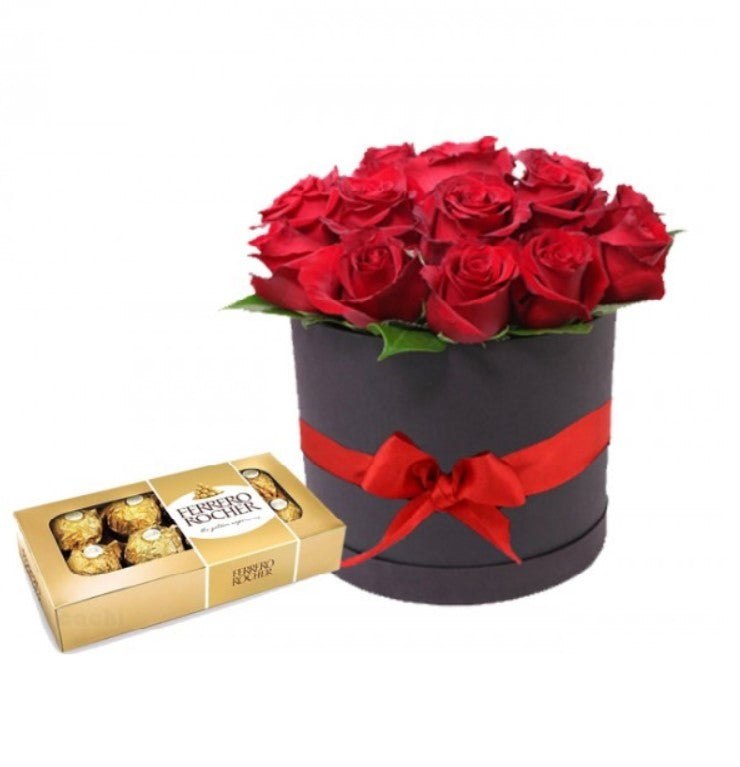 BOX DE ROSAS MAS BOMBONES FERRERO ROCHER