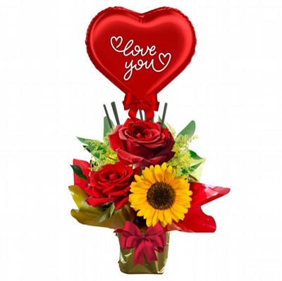 ARREGLO DE 2 ROSAS 1 GIRASOL Y GLOBITO