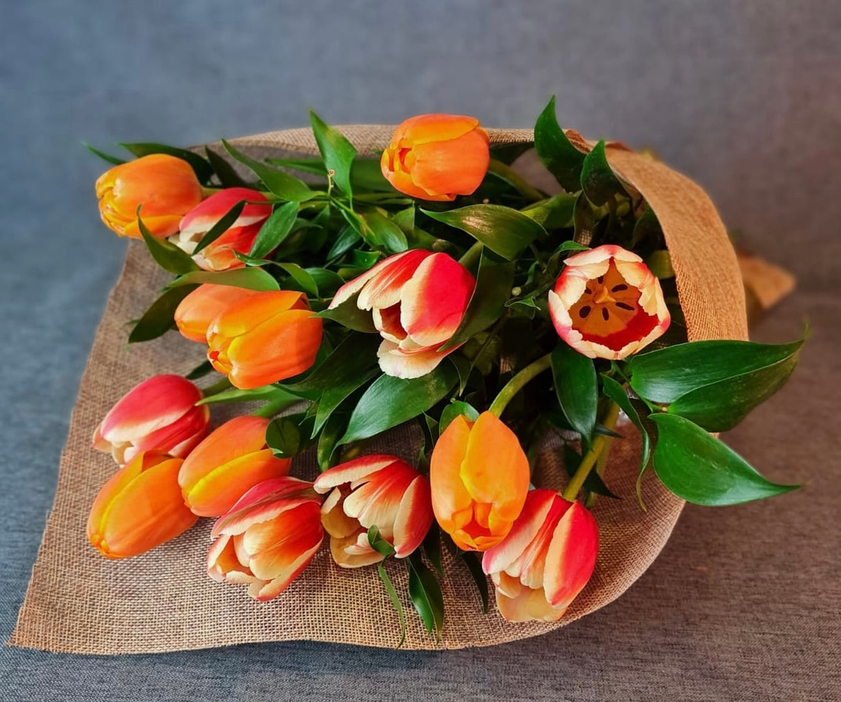 Ramo de 10 tulipanes envuelto en arpillera.