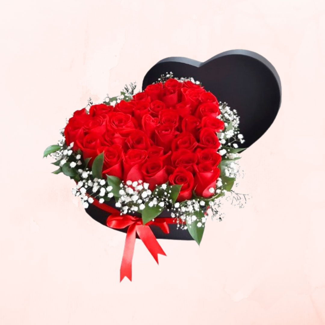 Box Corazon de Rosas Rojas y gypsophila