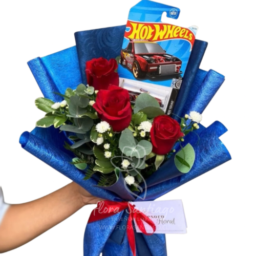 Ramo de 3 rosas rojas y un auto Hot Wheels