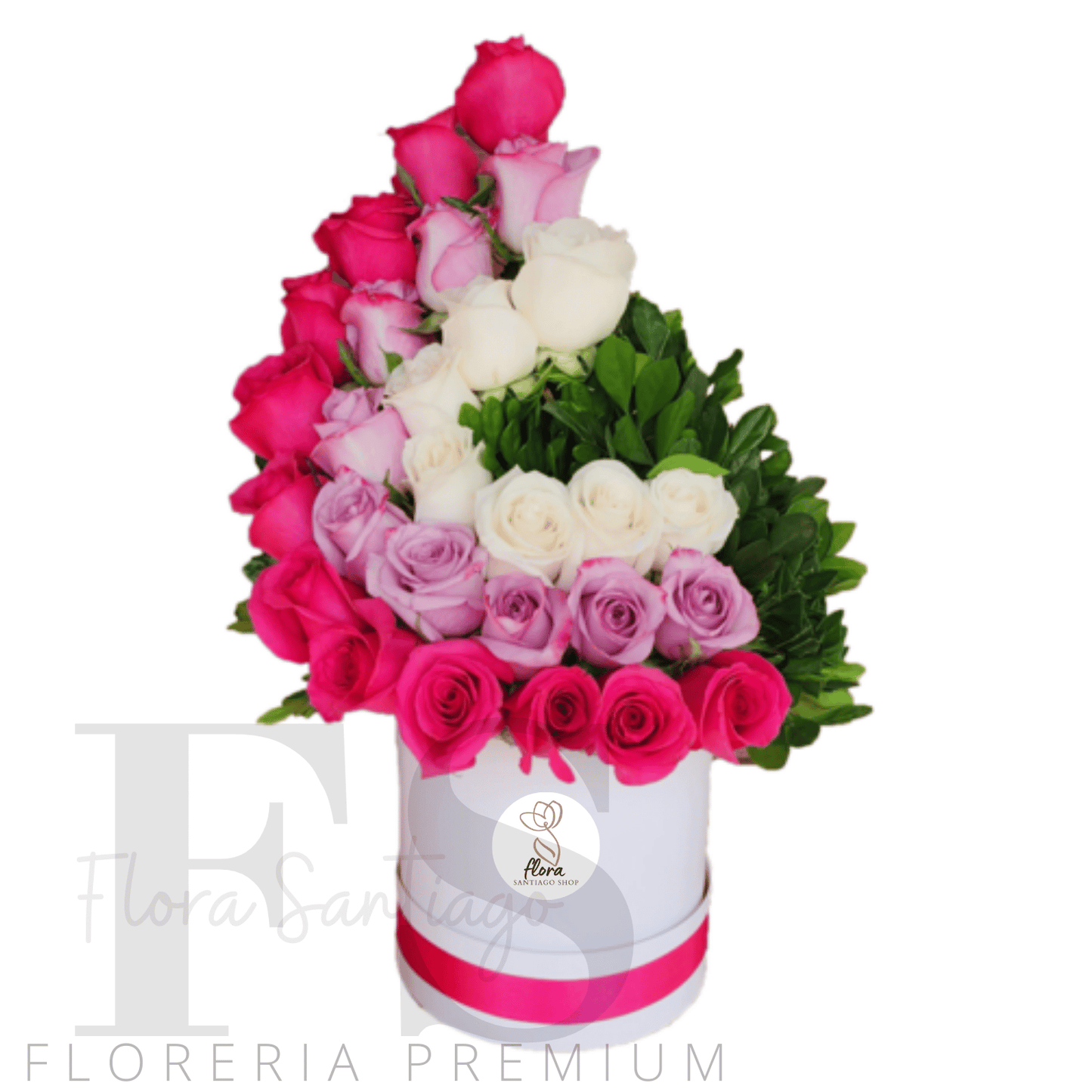 Arreglo en Box con 30 Rosas en colores blanco lila y fucsia ￼￼