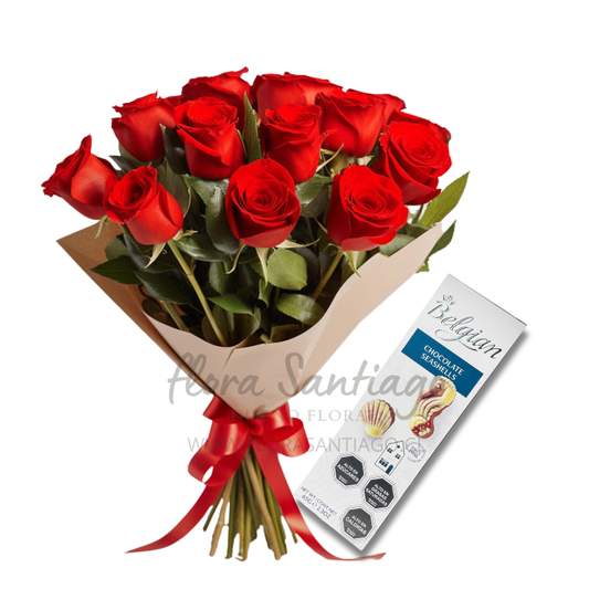 Ramo de 12 rosas rojas y bombones
