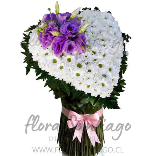 Arreglo corazón con Margarita Blanca y botón de lisianthus morados