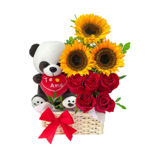 BASE DE 5 ROSAS MAS GIRASOLES Y PELUCHE