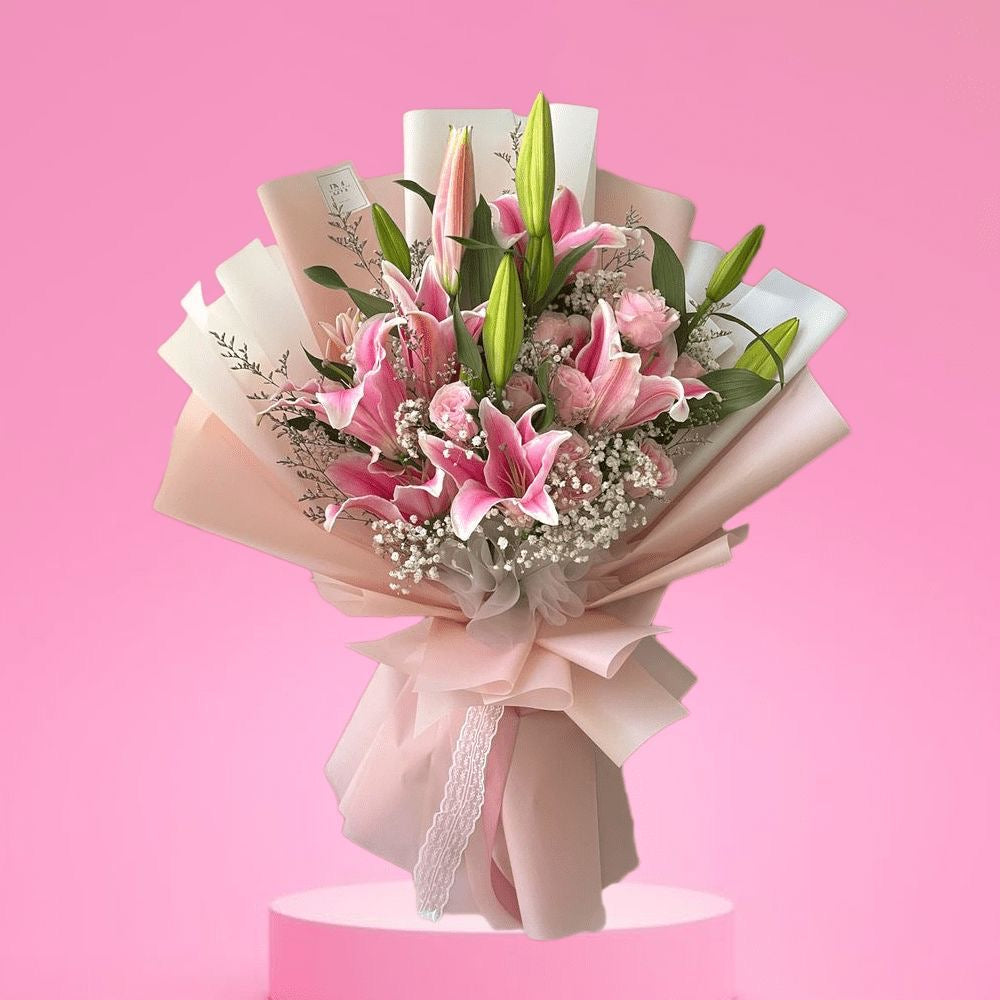 Ramo de 8 liliums y 10 rosas rosadas
