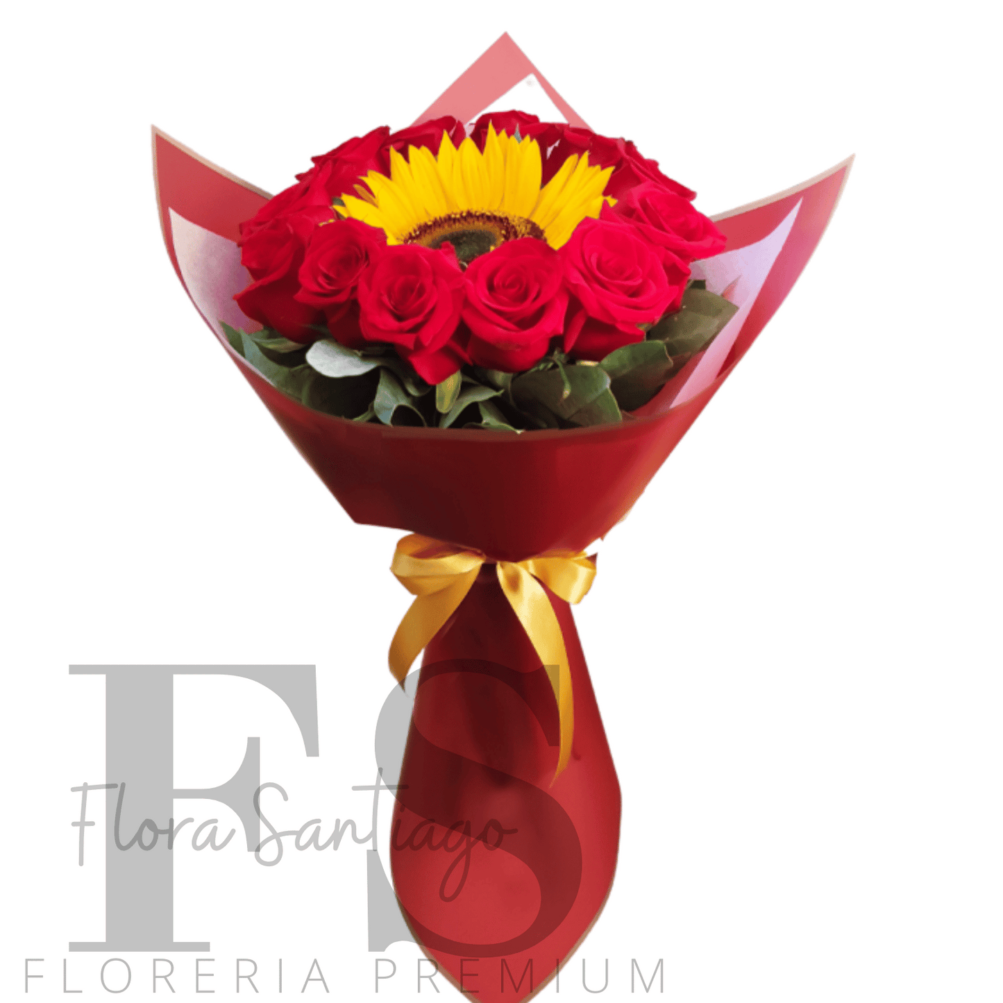 Ramo con 12 rosas rojas y un girasol en el centro el Ramo va envuelto para regalo perfecto para cualquier ocasión