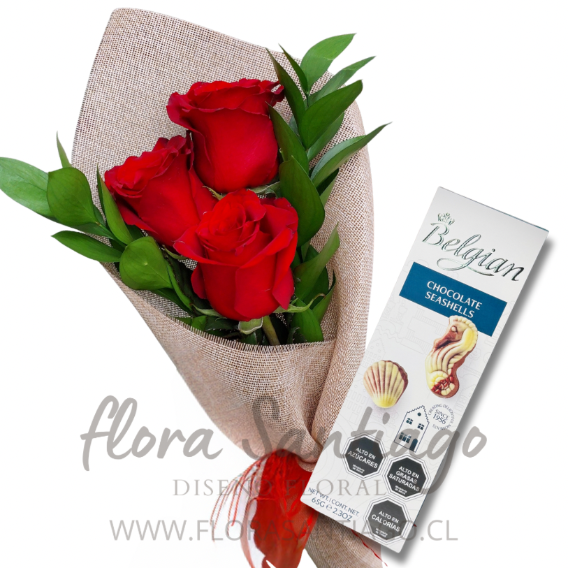 Ramo de e rosas rojas y chocolates Belgian