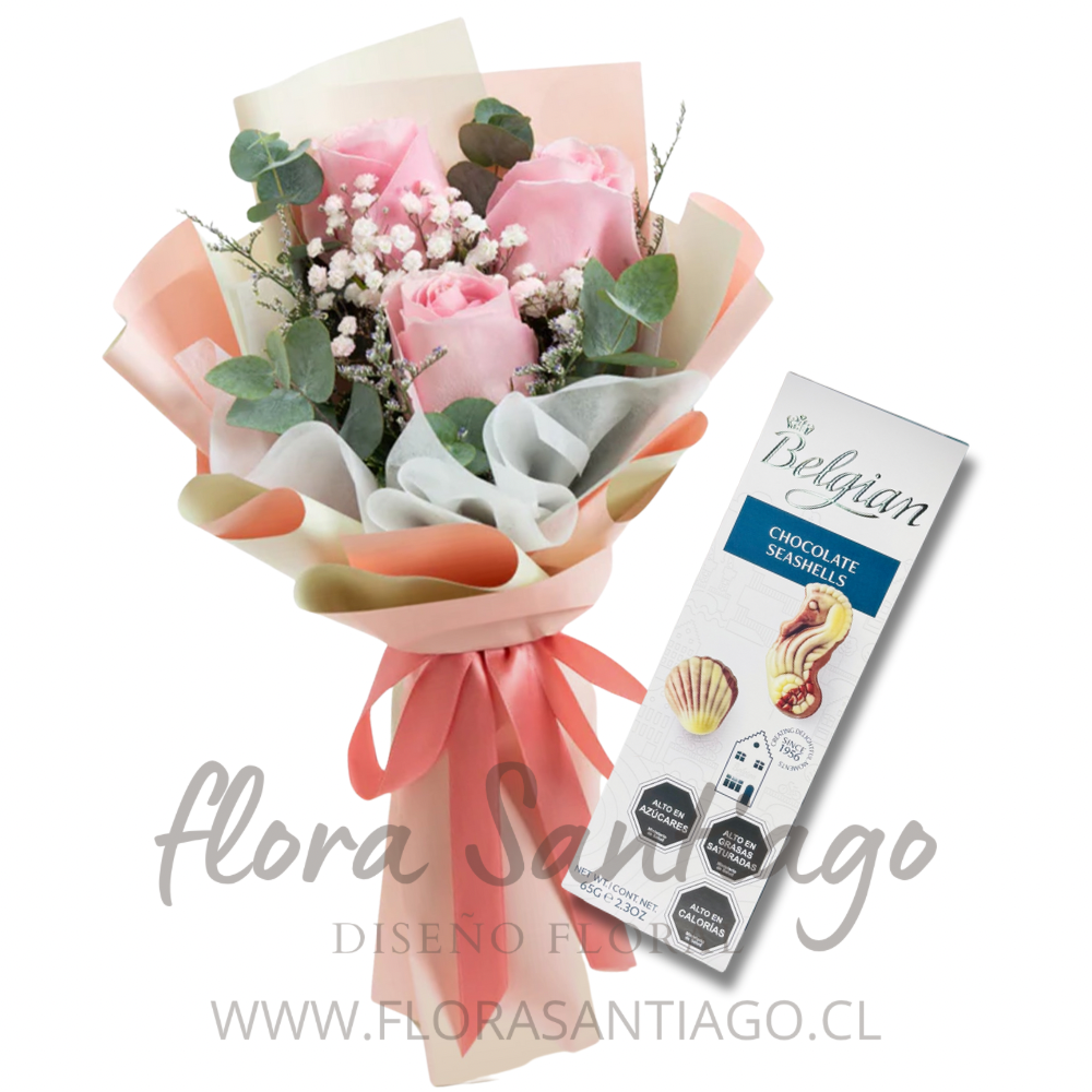 Ramo de rosas rosadas y chocolates Belgian