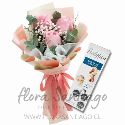 Ramo de e rosas rosadas y chocolates Belgian