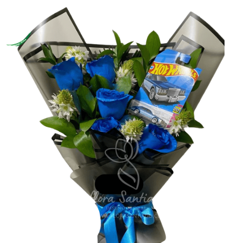 Ramo de 5 rosas azules y un auto Hot Wheels
