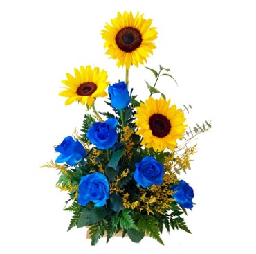ARRIMO DE ROSAS AZULES Y GIRASOLES