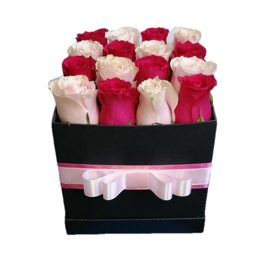 BOX MIX DE 12 ROSAS ROSADO Y FUCSIA