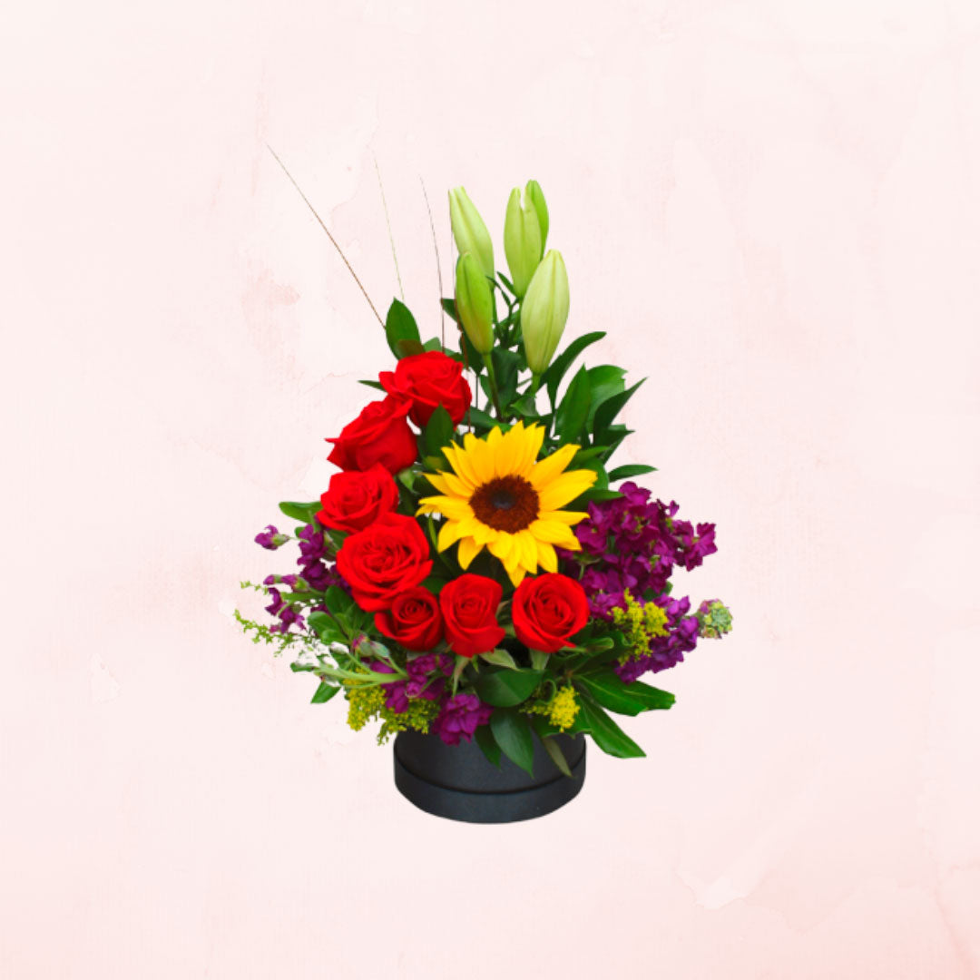 Box de Rosas, Lilium y Girasol