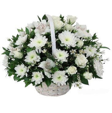 CANASTA DE MAULE Y ASTROMELIAS BLANCAS-AMARILLA-NARANJO