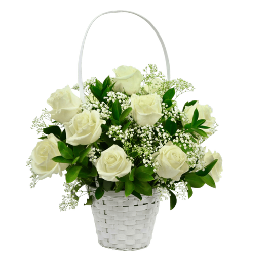 CANASTO DE 10 ROSAS IMPORTADAS CON GYPSUPHILIA