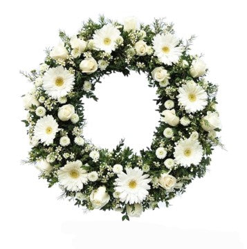 CORONA FUNEBRE DE ROSAS Y GERBERAS