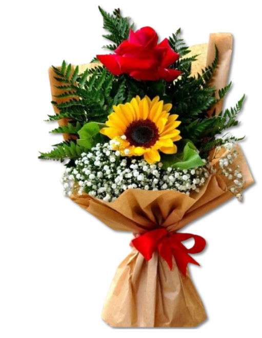 Bouquet de 1 Rosa, 1 Girasol y Follaje