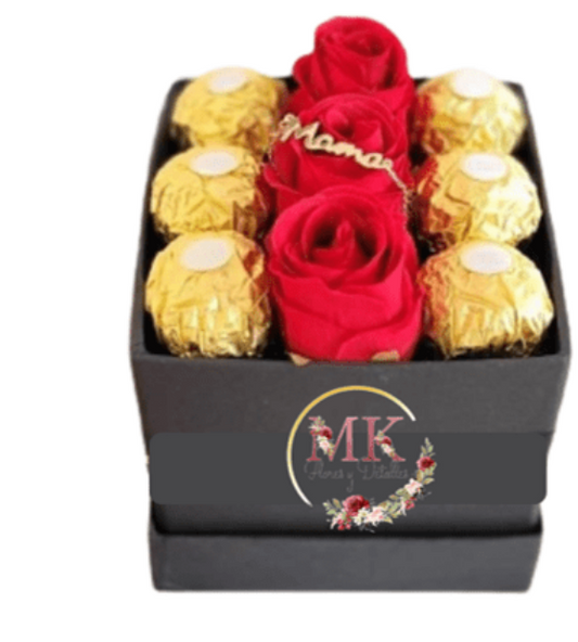 Box Cuadrado de 6 Bombones y 3 Rosas Rojas