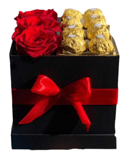 Box cuadrado de 3 Rosas y 8 Bombones
