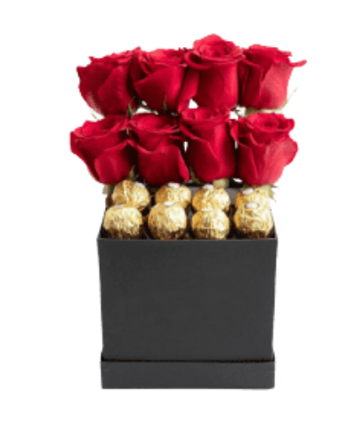 Box cuadrado de 8 Rosas en escala y Bombones