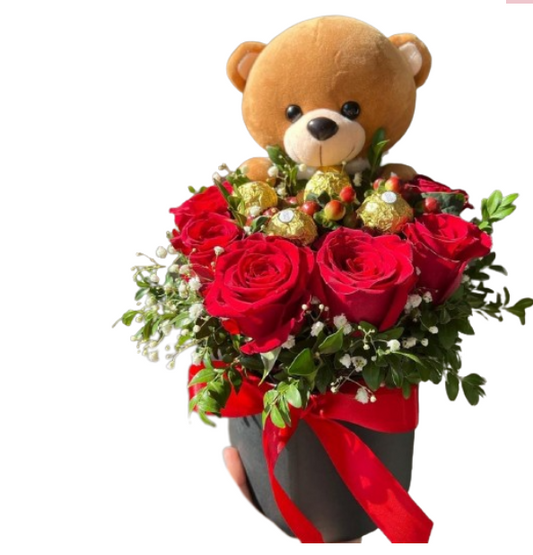 Box de 6 Rosas, 4 Bombones y Peluchito de 18cm