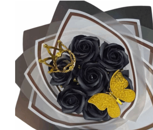 Bouquet de 7 Rosas Negras Eternas de Jabón con Coronita y Mariposa