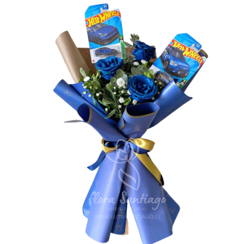 Ramo de 3 rosas azules y 2 auto Hot Wheels