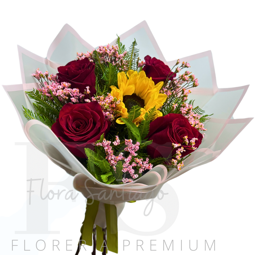 Ramo de 4 rosas y 1 girasol