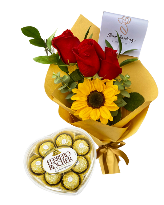 Ramo de tres rosas y un girasol, con bombones de chocolate