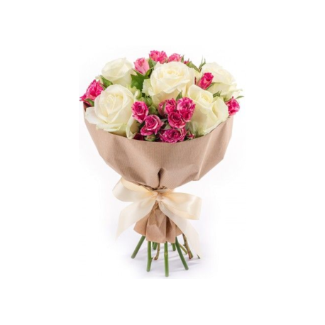 Ramo de 5 rosas blancas y mini rosa rosada