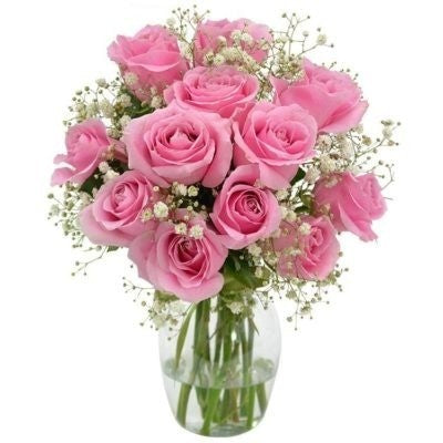 FLORERO DE 14 ROSAS ROSADAS Y GYPSOPHILIA