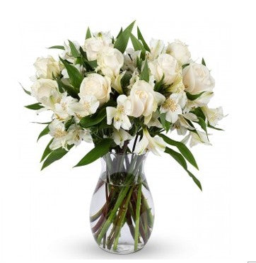 FLORERO DE 12 ROSAS Y ASTROMELIAS WHITE